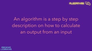 M A C H I N E  
L E A R N I N G
Algorithms
An algorithm is a step by step
description on how to calculate
an output from an input
 