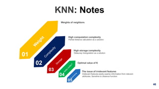 46
KNN: Notes
01
02
03
Irrelevant features easily swamp information from relevant
attributes. Sensitive to distance function
The issue of irrelevant features
Delaunay triangulation as a solution
High storage complexity
Partial distance calculation as a solution
High computation complexity
Weights of neighbors
04
05
Optimal value of K
 