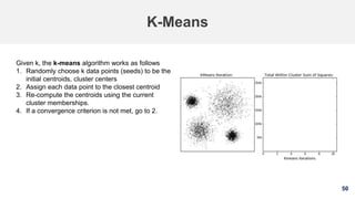 50
K-Means
Given k, the k-means algorithm works as follows
1. Randomly choose k data points (seeds) to be the
initial centroids, cluster centers
2. Assign each data point to the closest centroid
3. Re-compute the centroids using the current
cluster memberships.
4. If a convergence criterion is not met, go to 2.
 