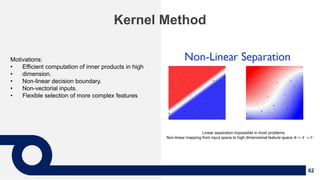 62
Kernel Method
Motivations:
• Efficient computation of inner products in high
• dimension.
• Non-linear decision boundary.
• Non-vectorial inputs.
• Flexible selection of more complex features
Linear separation impossible in most problems.
Non-linear mapping from input space to high dimensional feature space Φ = 𝑋 → 𝐹:
 