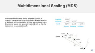67
Multidimensional Scaling (MDS)
Multidimensional Scaling (MDS) is used to go from a
proximity matrix (similarity or dissimilarity) between a series
of N objects to the coordinates of these same objects in a p-
dimensional space. p is generally fixed at 2 or 3 so that the
objects may be visualized easily.
 
