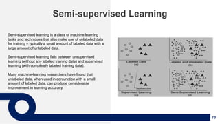 70
Semi-supervised Learning
Semi-supervised learning is a class of machine learning
tasks and techniques that also make use of unlabeled data
for training – typically a small amount of labeled data with a
large amount of unlabeled data.
Semi-supervised learning falls between unsupervised
learning (without any labeled training data) and supervised
learning (with completely labeled training data).
Many machine-learning researchers have found that
unlabeled data, when used in conjunction with a small
amount of labeled data, can produce considerable
improvement in learning accuracy.
 