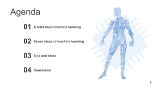 2
Agenda
A brief about machine learning01
Seven steps of machine learning02
Tips and tricks03
Conclusion04
 