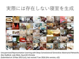 実際には存在しない寝室を生成
Unsupervised Representation Learning with Deep Convolutional Generative Adversarial Networks
Alec Radford, Luke Metz, Soumith Chintala
(Submitted on 19 Nov 2015 (v1), last revised 7 Jan 2016 (this version, v2))
 