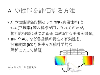 AI の性能を評価する方法
• AI の性能評価指標として TPR (真陽性率) と
ACC (正確率) 等の指標が用いられてきたが，
統計的指標に基づき正確に評価する手法を開発．
• TPR や ACC など各指標の特性と有効性を，
分布関数 (iCDF) を使った統計学的な
解析によって検証．
2018 年 3 月 5 日 京都大学
 