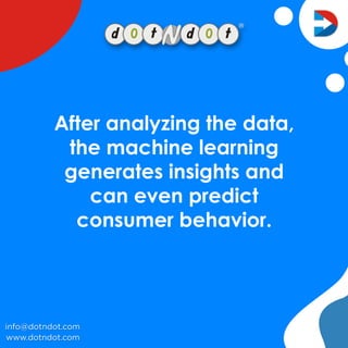 Afteranalyzingthedata,
themachinelearning
generatesinsightsand
canevenpredict
consumerbehavior.
www.dotndot.com
info@dotnd...