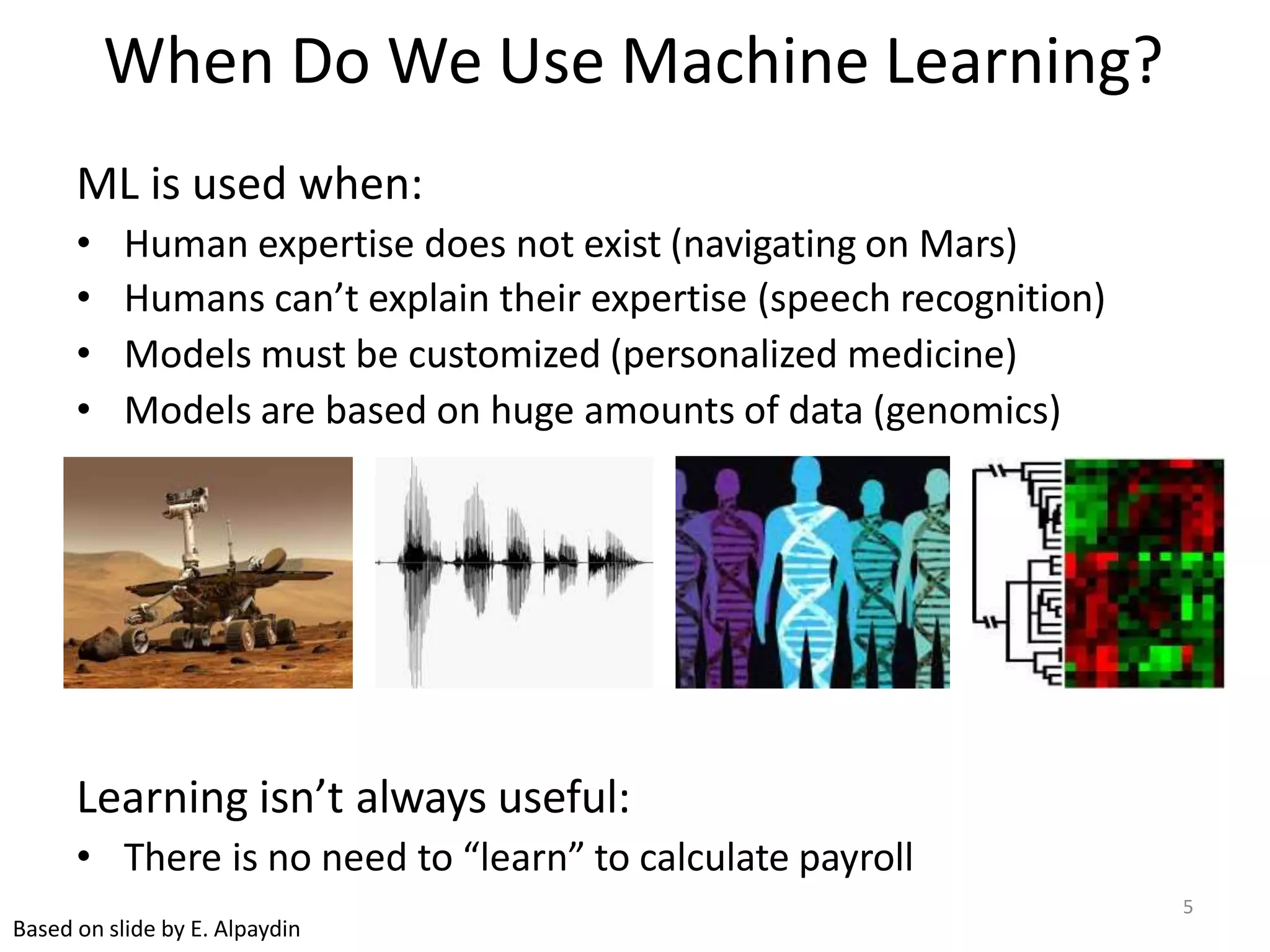 When Do We Use Machine Learning?
ML is used when:
• Human expertise does not exist (navigating on Mars)
• Humans can’t explain their expertise (speech recognition)
• Models must be customized (personalized medicine)
• Models are based on huge amounts of data (genomics)
Learning isn’t always useful:
• There is no need to “learn” to calculate payroll
Based on slide by E. Alpaydin
5
 