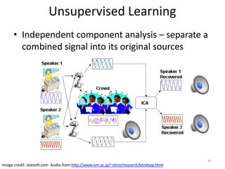 Unsupervised Learning
• Independent component analysis – separate a
combined signal into its original sources
35
Image credit: statsoft.com Audio from http://www.ism.ac.jp/~shiro/research/blindsep.html
 