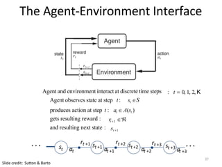 The Agent-Environment Interface
Agent and environment interact at discrete time steps
Agent observes state at step t: st S
: t  0, 1, 2, K
produces action at step t : at  A(st )
gets resulting reward :
and resulting next state :
rt1 
st1
. . . st at
rt +1 st +1
at +1
rt +2 st +2
at +2
rt +3 st +3
. . .
at +3
Slide credit: Sutton & Barto
37
 