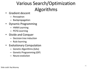 45
Slide credit: Ray Mooney
Various Search/Optimization
Algorithms
• Gradient descent
– Perceptron
– Backpropagation
• Dynamic Programming
– HMM Learning
– PCFG Learning
• Divide and Conquer
– Decision tree induction
– Rule learning
• Evolutionary Computation
– Genetic Algorithms (GAs)
– Genetic Programming (GP)
– Neuro-evolution
 