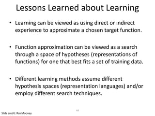 49
Lessons Learned about Learning
• Learning can be viewed as using direct or indirect
experience to approximate a chosen target function.
• Function approximation can be viewed as a search
through a space of hypotheses (representations of
functions) for one that best fits a set of training data.
• Different learning methods assume different
hypothesis spaces (representation languages) and/or
employ different search techniques.
Slide credit: Ray Mooney
 