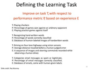 Defining the Learning Task
Improve on task T,with respect to
performance metric P
, based on experience E
T: Playing checkers
P: Percentage of games won against an arbitrary opponent
E: Playing practice games against itself
T: Recognizing hand-written words
P: Percentage of words correctly classified
E: Database of human-labeled images of handwritten words
T: Driving on four-lane highways using vision sensors
P: Average distance traveled before a human-judged error
E: A sequence of images and steering commands recorded while
observing a human driver.
T: Categorize email messages as spam or legitimate.
P: Percentage of email messages correctly classified.
E: Database of emails, some with human-given labels
Slide credit: Ray Mooney
10
 