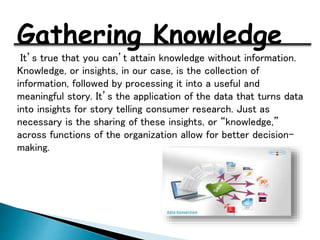 Gathering Knowledge
It’s true that you can’t attain knowledge without information.
Knowledge, or insights, in our case, is the collection of
information, followed by processing it into a useful and
meaningful story. It’s the application of the data that turns data
into insights for story telling consumer research. Just as
necessary is the sharing of these insights, or “knowledge,”
across functions of the organization allow for better decision-
making.
 