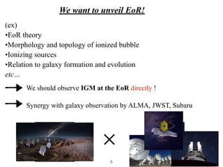 We want to unveil EoR!
We should observe IGM at the EoR directly !
(ex)


•EoR theory


•Morphology and topology of ionized bubble


•Ionizing sources


•Relation to galaxy formation and evolution


etc…
✕
Synergy with galaxy observation by ALMA, JWST, Subaru
5
 