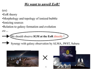 We want to unveil EoR!
We should observe IGM at the EoR directly !
(ex)


•EoR theory


•Morphology and topology of ionized bubble


•Ionizing sources


•Relation to galaxy formation and evolution


etc…
✕
Synergy with galaxy observation by ALMA, JWST, Subaru
5
 