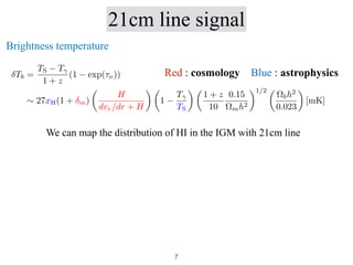 21cm line signal
Red : cosmology Blue : astrophysics
Tb =
TS T
1 + z
(1 exp(⌧⌫))
⇠ 27xH(1 + m)
✓
H
dvr/dr + H
◆ ✓
1
T
TS
◆ ✓
1 + z
10
0.15
⌦mh2
◆1/2 ✓
⌦bh2
0.023
◆
[mK]
Brightness temperature
We can map the distribution of HI in the IGM with 21cm line
7
 
