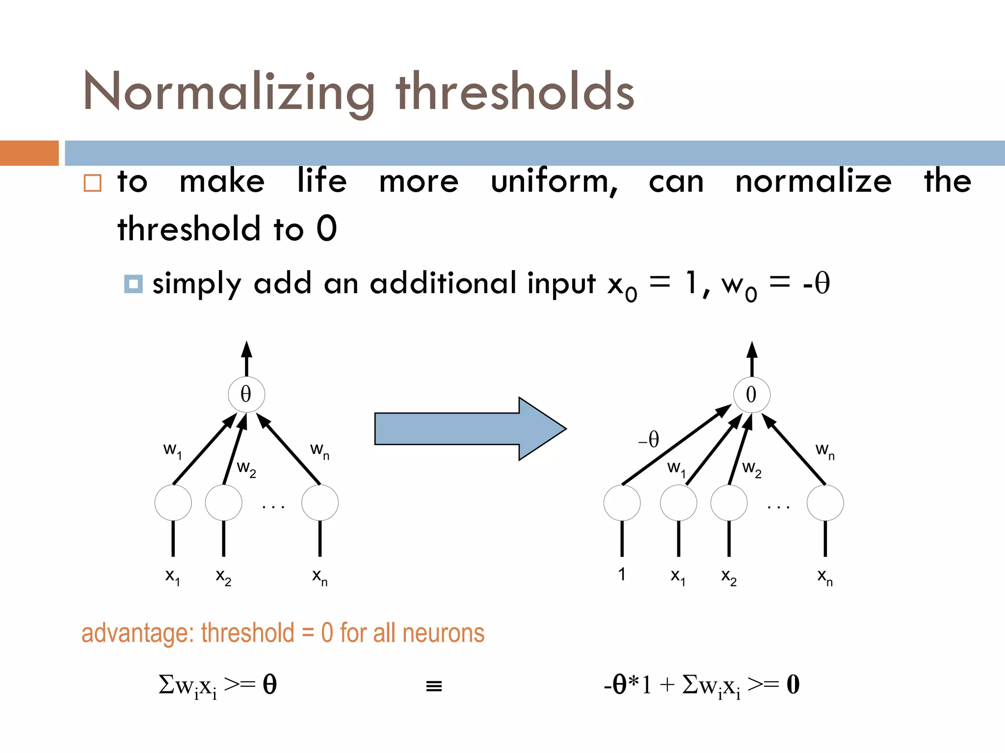 Normalizing thresholds
 to make life more uniform, can normalize the
threshold to 0
 simply add an additional input x0 = 1, w0 = -

x1 xn
x2
. . .
w1
w2
wn
advantage: threshold = 0 for all neurons
wixi >=   -*1 + wixi >= 0

x1 xn
x2
. . .
w1 w2
wn
1

 