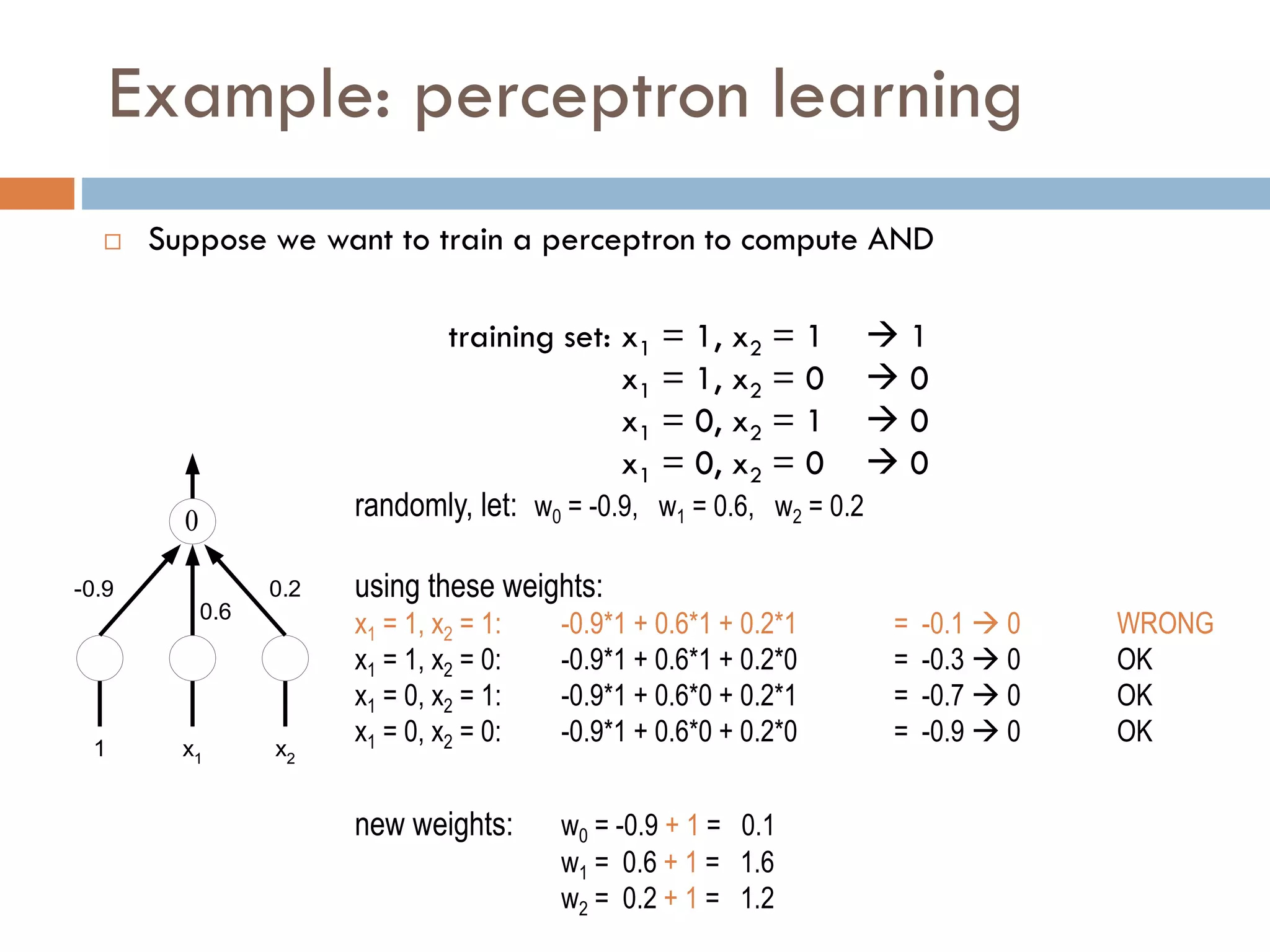 Example: perceptron learning
 Suppose we want to train a perceptron to compute AND
training set: x1 = 1, x2 = 1  1
x1 = 1, x2 = 0  0
x1 = 0, x2 = 1  0
x1 = 0, x2 = 0  0

1 x2
x1
-0.9
0.6
0.2
randomly, let: w0 = -0.9, w1 = 0.6, w2 = 0.2
using these weights:
x1 = 1, x2 = 1: -0.9*1 + 0.6*1 + 0.2*1 = -0.1  0 WRONG
x1 = 1, x2 = 0: -0.9*1 + 0.6*1 + 0.2*0 = -0.3  0 OK
x1 = 0, x2 = 1: -0.9*1 + 0.6*0 + 0.2*1 = -0.7  0 OK
x1 = 0, x2 = 0: -0.9*1 + 0.6*0 + 0.2*0 = -0.9  0 OK
new weights: w0 = -0.9 + 1 = 0.1
w1 = 0.6 + 1 = 1.6
w2 = 0.2 + 1 = 1.2
 