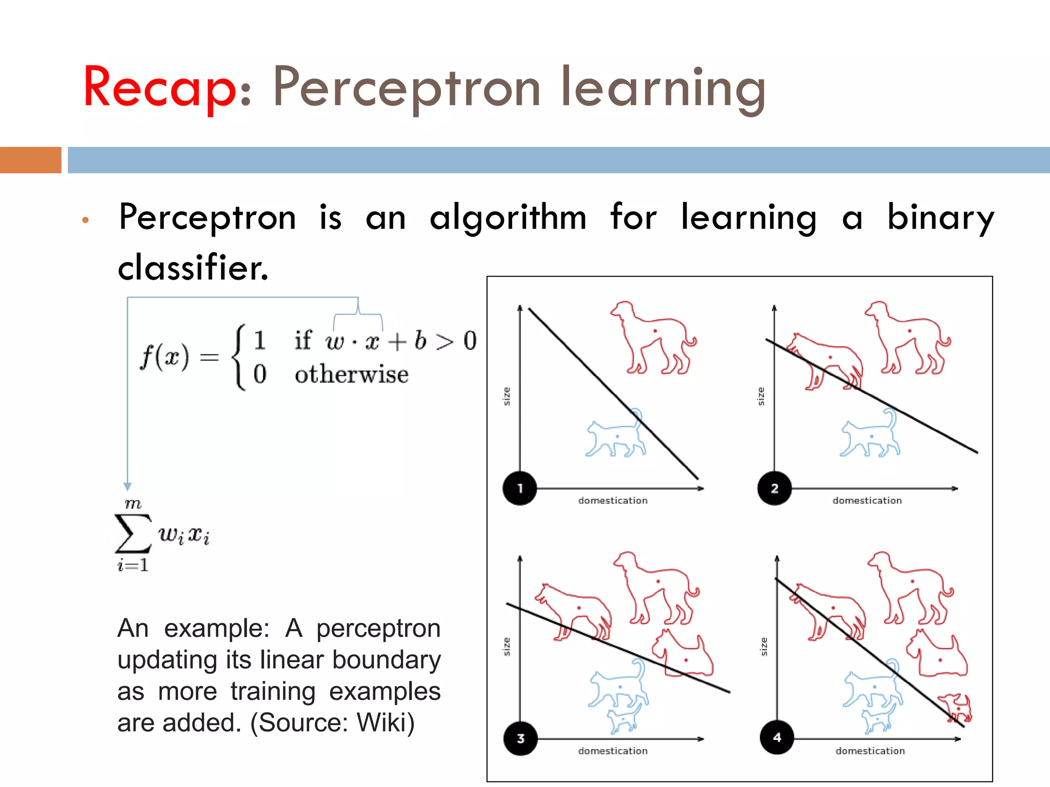 Recap: Perceptron learning
• Perceptron is an algorithm for learning a binary
classifier.
An example: A perceptron
updating its linear boundary
as more training examples
are added. (Source: Wiki)
 