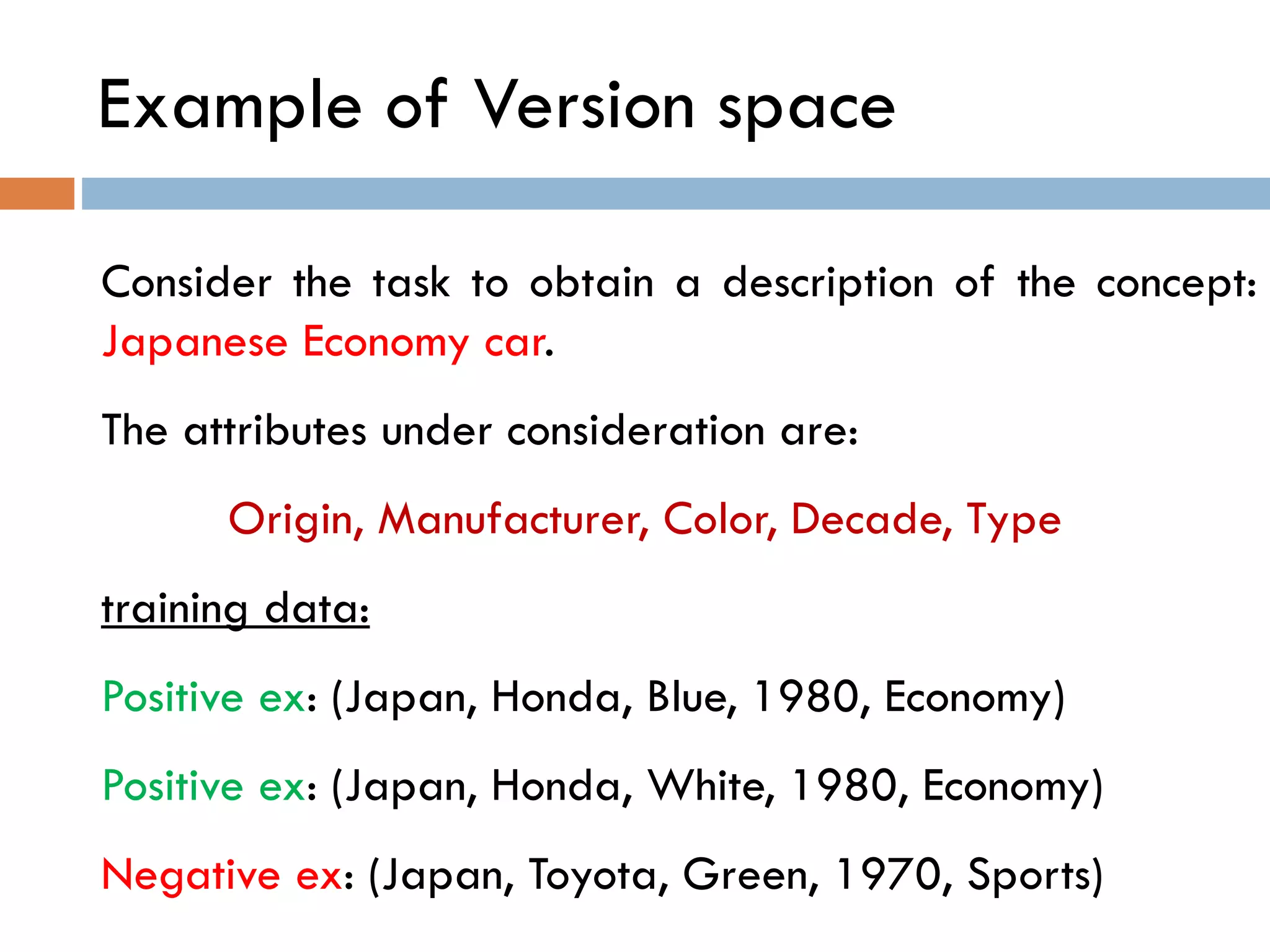 Example of Version space
Consider the task to obtain a description of the concept:
Japanese Economy car.
The attributes under consideration are:
Origin, Manufacturer, Color, Decade, Type
training data:
Positive ex: (Japan, Honda, Blue, 1980, Economy)
Positive ex: (Japan, Honda, White, 1980, Economy)
Negative ex: (Japan, Toyota, Green, 1970, Sports)
 