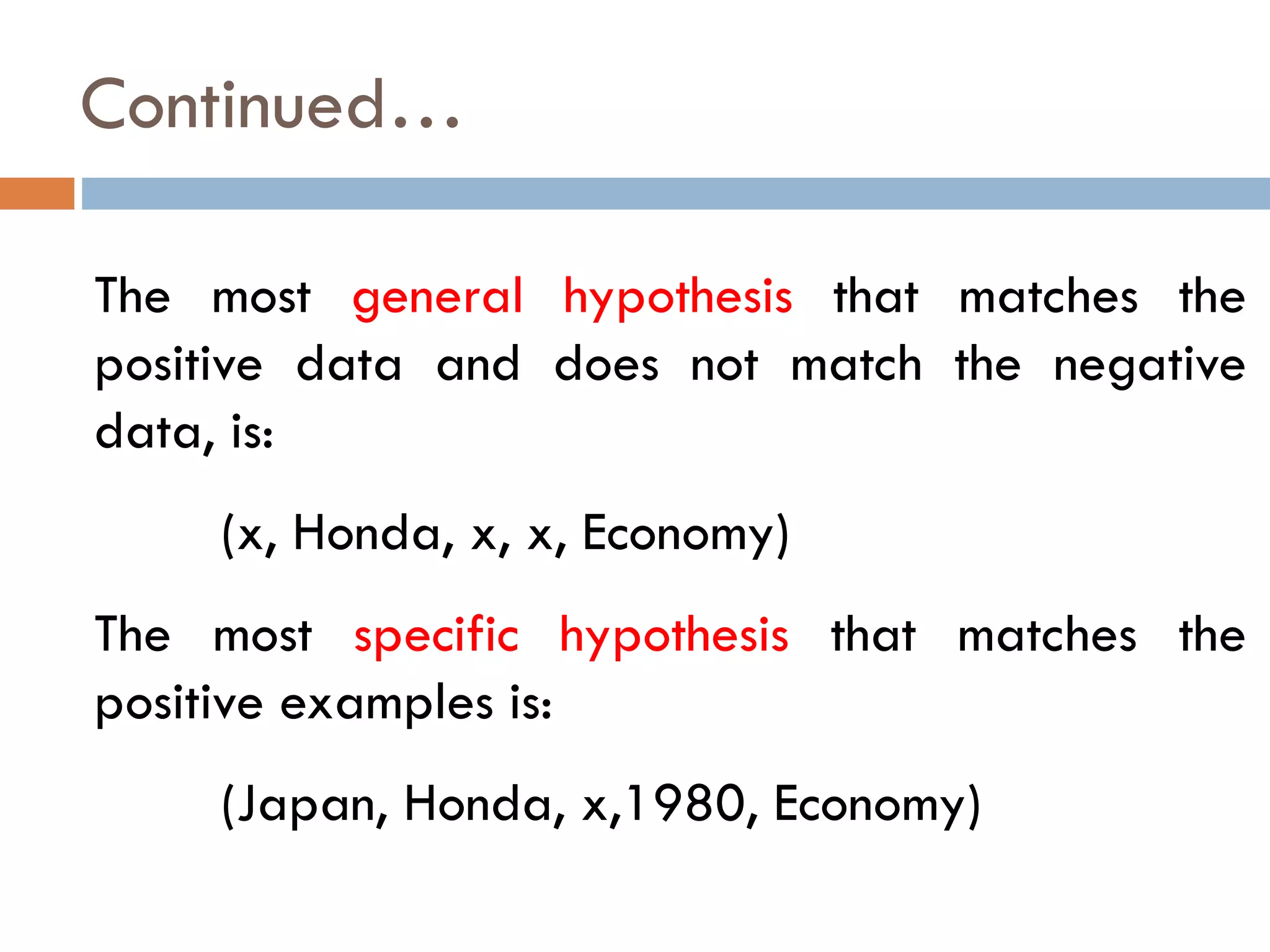 The most general hypothesis that matches the
positive data and does not match the negative
data, is:
(x, Honda, x, x, Economy)
The most specific hypothesis that matches the
positive examples is:
(Japan, Honda, x,1980, Economy)
Continued…
 