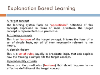 A target concept
The learning system finds an “operational” definition of this
concept, expressed in terms of some primitives. The target
concept is represented as a predicate.
A training example
This is an instance of the target concept. It takes the form of a
set of simple facts, not all of them necessarily relevant to the
theory.
A domain theory
This is a set of rules, usually in predicate logic, that can explain
how the training example fits the target concept.
Operationality criteria
These are the predicates (features) that should appear in an
effective definition of the target concept.
Explanation Based Learning
 