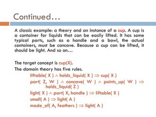 A classic example: a theory and an instance of a cup. A cup is
a container for liquids that can be easily lifted. It has some
typical parts, such as a handle and a bowl, the actual
containers, must be concave. Because a cup can be lifted, it
should be light. And so on…
The target concept is cup(X).
The domain theory has five rules.
liftable( X )  holds_liquid( X )  cup( X )
part( Z, W )  concave( W )  points_up( W ) 
holds_liquid( Z )
light( X )  part( X, handle )  liftable( X )
small( A )  light( A )
made_of( A, feathers )  light( A )
Continued…
 
