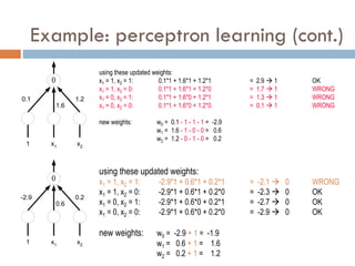 Example: perceptron learning (cont.)

1 x2
x1
0.1
1.6
1.2
using these updated weights:
x1 = 1, x2 = 1: 0.1*1 + 1.6*1 + 1.2*1 = 2.9  1 OK
x1 = 1, x2 = 0: 0.1*1 + 1.6*1 + 1.2*0 = 1.7  1 WRONG
x1 = 0, x2 = 1: 0.1*1 + 1.6*0 + 1.2*1 = 1.3  1 WRONG
x1 = 0, x2 = 0: 0.1*1 + 1.6*0 + 1.2*0 = 0.1  1 WRONG
new weights: w0 = 0.1 - 1 - 1 - 1 = -2.9
w1 = 1.6 - 1 - 0 - 0 = 0.6
w2 = 1.2 - 0 - 1 - 0 = 0.2

1 x2
x1
-2.9
0.6
0.2
using these updated weights:
x1 = 1, x2 = 1: -2.9*1 + 0.6*1 + 0.2*1 = -2.1  0 WRONG
x1 = 1, x2 = 0: -2.9*1 + 0.6*1 + 0.2*0 = -2.3  0 OK
x1 = 0, x2 = 1: -2.9*1 + 0.6*0 + 0.2*1 = -2.7  0 OK
x1 = 0, x2 = 0: -2.9*1 + 0.6*0 + 0.2*0 = -2.9  0 OK
new weights: w0 = -2.9 + 1 = -1.9
w1 = 0.6 + 1 = 1.6
w2 = 0.2 + 1 = 1.2
 
