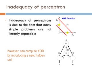 Inadequacy of perceptron
• inadequacy of perceptrons
is due to the fact that many
simple problems are not
linearly separable
x1
x2
0 1
1
1
XOR function
0
however, can compute XOR
by introducing a new, hidden
unit
0.1
x2
1.5
x1
1.5
-3.5
1.5
1 1
 