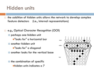 Hidden units
 the addition of hidden units allows the network to develop complex
feature detectors (i.e., internal representations)
 e.g., Optical Character Recognition (OCR)
 perhaps one hidden unit
"looks for" a horizontal bar
 another hidden unit
"looks for" a diagonal
 another looks for the vertical base
 the combination of specific
hidden units indicates a 7
 