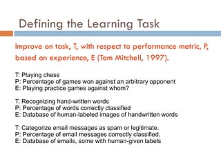 Defining the Learning Task
Improve on task, T, with respect to performance metric, P,
based on experience, E (Tom Mitchell, 1997).
T: Playing chess
P: Percentage of games won against an arbitrary opponent
E: Playing practice games against whom?
T: Recognizing hand-written words
P: Percentage of words correctly classified
E: Database of human-labeled images of handwritten words
T: Categorize email messages as spam or legitimate.
P: Percentage of email messages correctly classified.
E: Database of emails, some with human-given labels
 