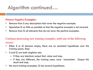 Algorithm continued…
• Remove from S any descriptions that cover the negative example.
• Specialize G as little as possible so that the negative example is not covered.
• Remove from G all elements that do not cover the positive examples.
Process Negative Examples:
Continue processing new training examples, until one of the following
occurs:
• Either S or G become empty, there are no consistent hypotheses over the
training space. Stop.
• S and G are both singleton sets.
– if they are identical, output their value and stop.
– if they are different, the training cases were inconsistent. Output this
result and stop.
• No more training examples. G has several hypotheses.
 