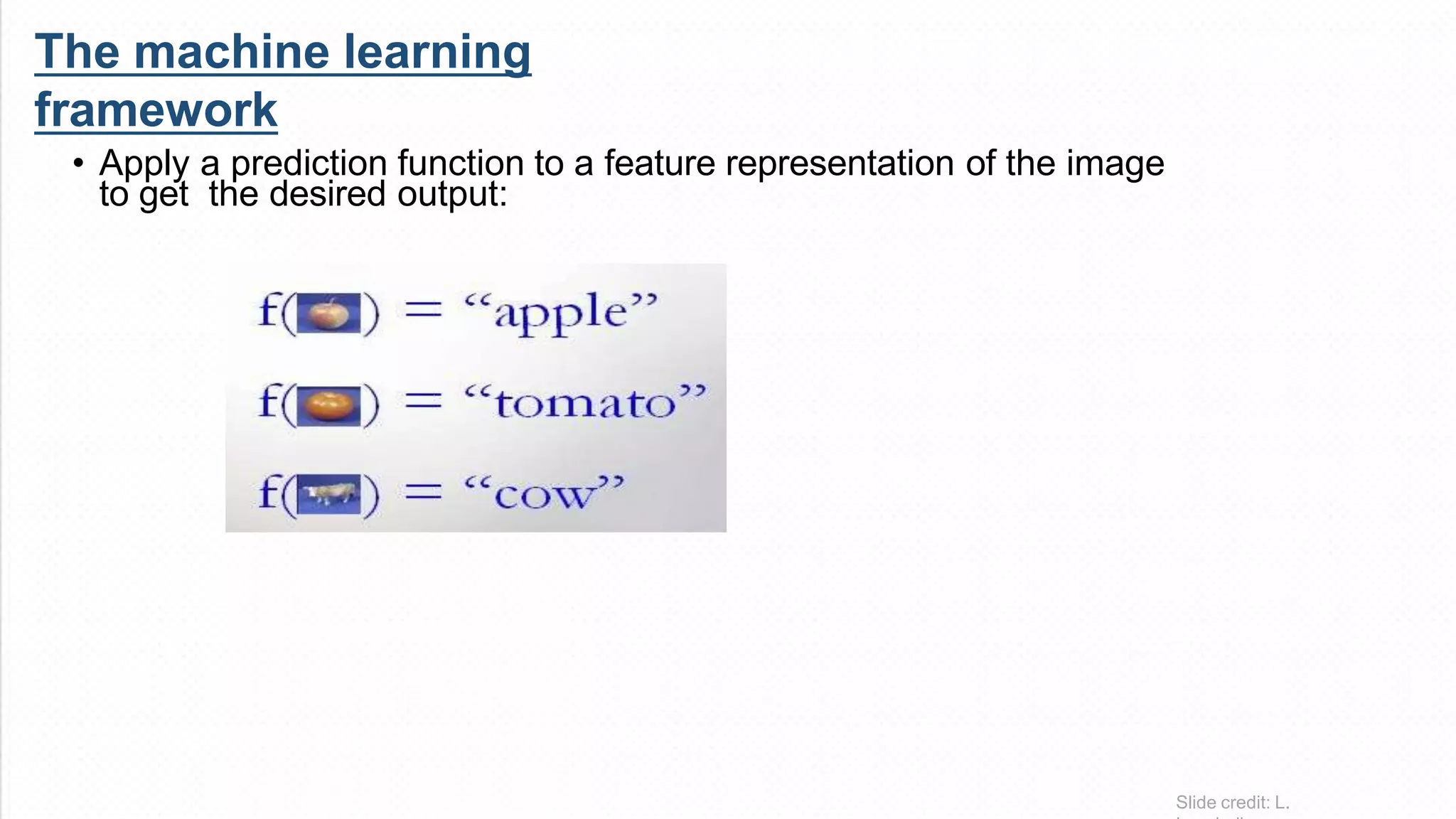 The machine learning
framework
• Apply a prediction function to a feature representation of the image
to get the desired output:
Slide credit: L.
 