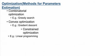 Optimization(Methods for Parameters
Estimation)
• Combinatorial
optimization
• E.g.: Greedy search
• Convex optimization
• E.g.: Gradient descent
• Constrained
optimization
• E.g.: Linear programming
 