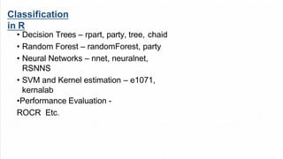 • Decision Trees – rpart, party, tree, chaid
• Random Forest – randomForest, party
• Neural Networks – nnet, neuralnet,
RSNNS
• SVM and Kernel estimation – e1071,
kernalab
•Performance Evaluation -
ROCR Etc.
Classification
in R
 