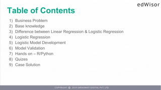 Table of Contents
1) Business Problem
2) Base knowledge
3) Difference between Linear Regression & Logistic Regression
4) Logistic Regression
5) Logistic Model Development
6) Model Validation
7) Hands on – R/Python
8) Quizes
9) Case Solution
 