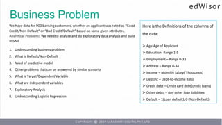 Business Problem
We have data for 900 banking customers, whether an applicant was rated as “Good
Credit/Non-Default” or “Bad Credit/Default” based on some given attributes.
Analytical Problem: We need to analyze and do exploratory data analysis and build
model
Here is the Definitions of the columns of
the data:
⮚ Age-Age of Applicant
⮚ Education- Range 1-5
⮚ Employment – Range 0-33
⮚ Address – Range 0-34
⮚ Income – Monthly Salary(‘Thousands)
⮚ Debtinc – Debt-to-Income Ratio
⮚ Credit debt – Credit card debt(credit loans)
⮚ Other debts – Any other loan liabilities
⮚ Default – 1(Loan default), 0 (Non-Default)
1. Understanding business problem
2. What is Default/Non-Default
3. Need of predictive model
4. Other problems that can be answered by similar scenario
5. What is Target/Dependent Variable
6. What are independent variables
7. Exploratory Analysis
8. Understanding Logistic Regression
 