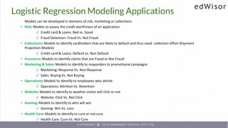 Models can be developed in domains of risk, marketing or collections.
• Risk: Models to assess the credit worthiness of an application
✓ Credit card & Loans: Bad vs. Good
✓ Fraud Detection: Fraud Vs. Not Fraud
• Collections: Models to identify cardholders that are likely to default and thus need collection effort (Payment
Projection Models)
✓ Credit card & Loans: Default vs. Non Default
• Insurance: Models to identify claims that are Fraud or Not Fraud
• Marketing & Sales: Models to identify to responders to promotional campaigns
✓ Marketing: Response Vs. Non Response
✓ Sales: Buying Vs. Not Buying
• Operations: Models to identify to employees who attrite
✓ Operations: Attrition Vs. Retention
• Website: Models to identify to weather visitor will click or not
✓ Website: Click Vs. Not Click
• Gaming: Models to identify to who will win
✓ Gaming: Win Vs. Loss
• Health Care: Models to identify to cure or not cure
✓ Health Care: Cure Vs. Not Cure
Logistic Regression Modeling Applications
 