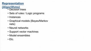 Representation
(Algorithms)
• Decision trees
• Sets of rules / Logic programs
• Instances
• Graphical models (Bayes/Markov
nets)
• Neural networks
• Support vector machines
• Model ensembles
• Etc.
 