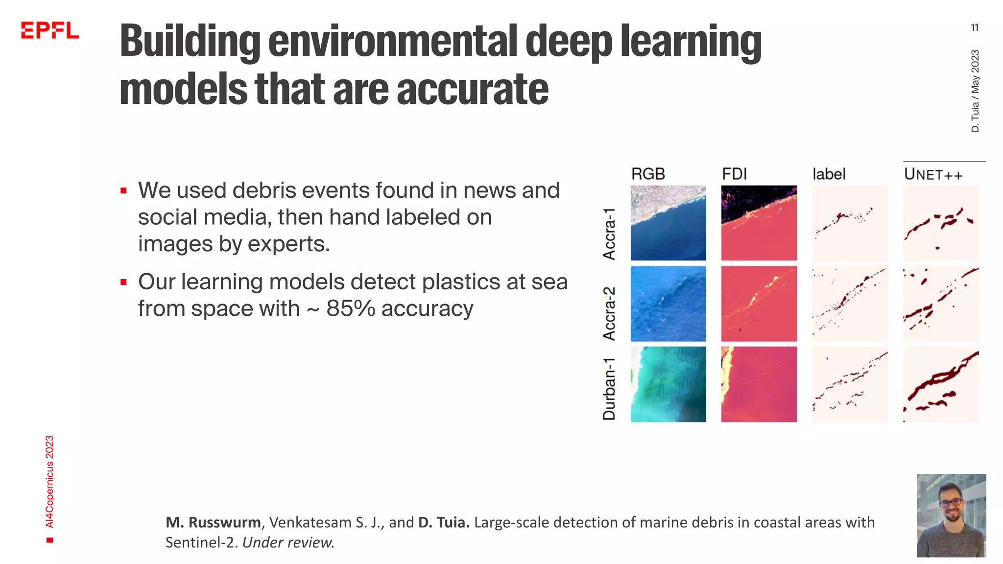 Buildingenvironmentaldeeplearning
modelsthat are accurate
▪ We used debris events found in news and
social media, then hand labeled on
images by experts.
▪ Our learning models detect plastics at sea
from space with ~ 85% accuracy
AI4Copernicus
2023
D.
Tuia
/
May
2023
11
M. Russwurm, Venkatesam S. J., and D. Tuia. Large-scale detection of marine debris in coastal areas with
Sentinel-2. Under review.
 