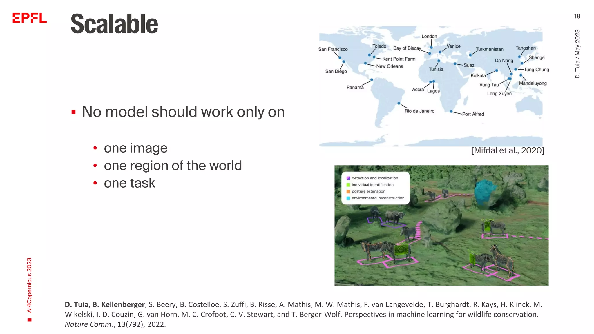 Scalable
▪ No model should work only on
• one image
• one region of the world
• one task
AI4Copernicus
2023
D.
Tuia
/
May
2023
18
D. Tuia, B. Kellenberger, S. Beery, B. Costelloe, S. Zuffi, B. Risse, A. Mathis, M. W. Mathis, F. van Langevelde, T. Burghardt, R. Kays, H. Klinck, M.
Wikelski, I. D. Couzin, G. van Horn, M. C. Crofoot, C. V. Stewart, and T. Berger-Wolf. Perspectives in machine learning for wildlife conservation.
Nature Comm., 13(792), 2022.
[Mifdal et al., 2020]
 