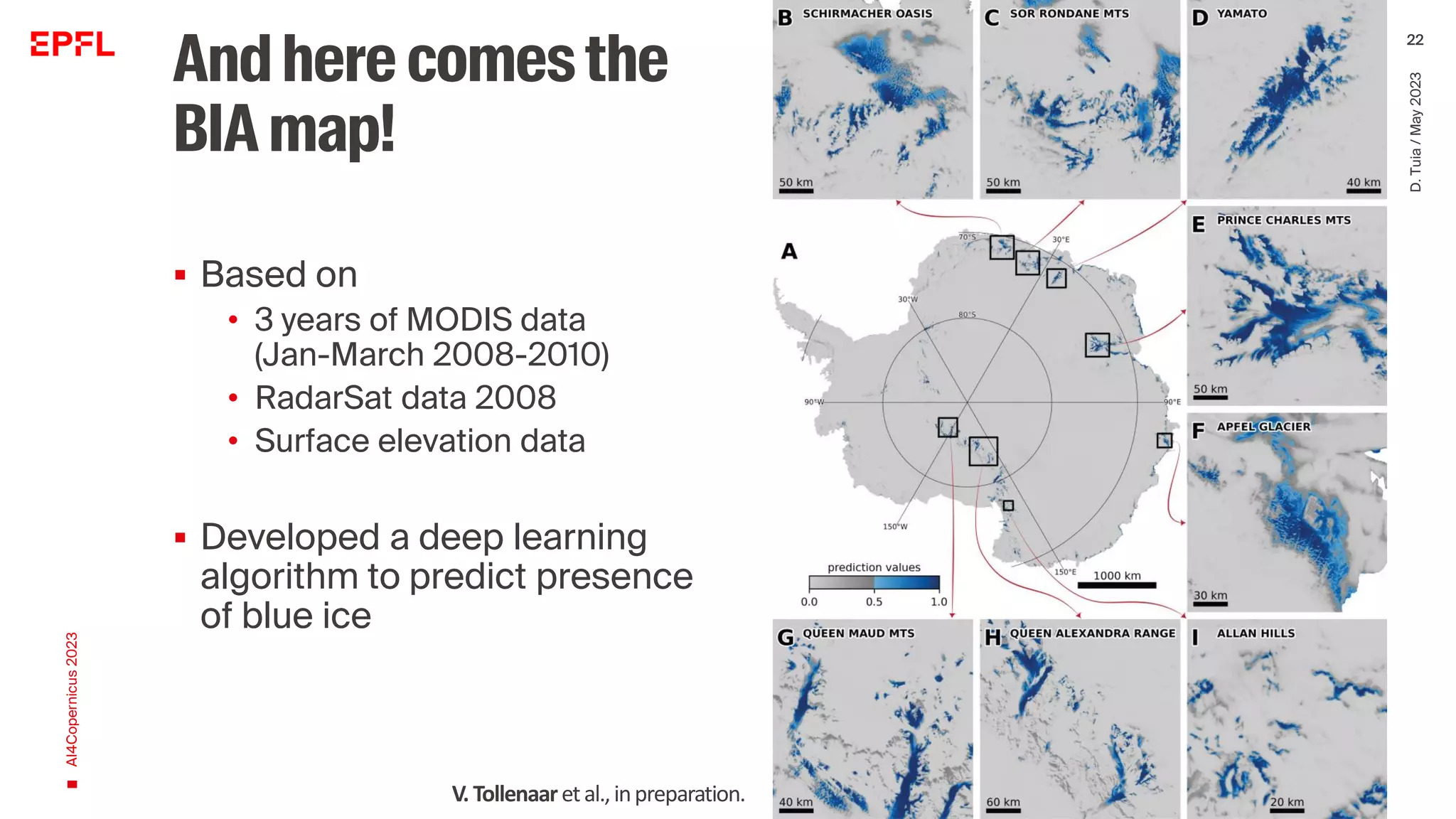 Andhere comesthe
BIAmap!
▪ Based on
• 3 years of MODIS data
(Jan-March 2008-2010)
• RadarSat data 2008
• Surface elevation data
▪ Developed a deep learning
algorithm to predict presence
of blue ice
AI4Copernicus
2023
D.
Tuia
/
May
2023
22
V. Tollenaaretal.,inpreparation.
 