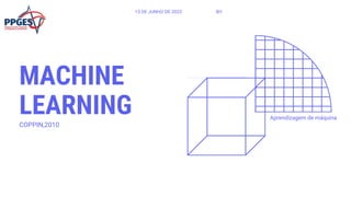 Aprendizagem de máquina
MACHINE
LEARNING
COPPIN,2010
13 DE JUNHO DE 2023 8H
 