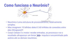• Neurônio é uma estrutura de processamento, relativamente
simples;
• Mas imaginem 10 bilhões deles! E 60 trilhões de conexões entre
eles (Sinapses)!!!
• Corpo Celular é o motor: recebe entradas, as processa e se o
resultado ultrapassar um limiar impulso é encaminhado pelo
axônio até os demais neurônios.
Como funciona o Neurônio?
 