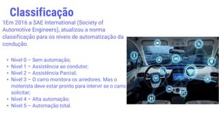 1Em 2016 a SAE International (Society of
Automotive Engineers), atualizou a norma
classificação para os níveis de automatização da
condução.
• Nivel 0 – Sem automação;
• Nivel 1 – Assistência ao condutor;
• Nivel 2 – Assistência Parcial;
• Nivel 3 – O carro monitora os arredores. Mas o
motorista deve estar pronto para intervir se o carro
solicitar;
• Nível 4 – Alta automação;
• Nível 5 – Automação total.
Classificação
 