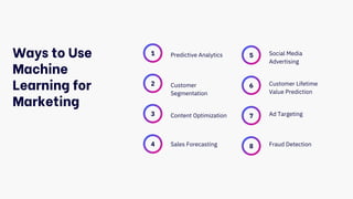 1
2
3
4
5
6
7
8
Predictive Analytics
Customer
Segmentation
Content Optimization
Sales Forecasting
Social Media
Advertising
Customer Lifetime
Value Prediction
Ad Targeting
Fraud Detection
Ways to Use
Machine
Learning for
Marketing
 