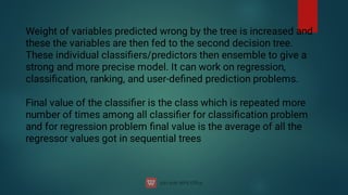 Weight of variables predicted wrong by the tree is increased and
these the variables are then fed to the second decision tree.
These individual classiﬁers/predictors then ensemble to give a
strong and more precise model. It can work on regression,
classiﬁcation, ranking, and user-deﬁned prediction problems.
Final value of the classiﬁer is the class which is repeated more
number of times among all classiﬁer for classiﬁcation problem
and for regression problem ﬁnal value is the average of all the
regressor values got in sequential trees
 