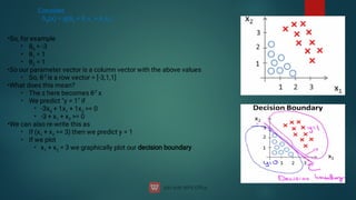Consider,
hθ
(x) = g(θ0
+ θ1
x1
+ θ2
x2
)
•
•
•
•
•
•
•
•
•
•
•
•
•
•
•
So, for example
θ0
= -3
θ1
= 1
θ2
= 1
So our parameter vector is a column vector with the above values
So, θT is a row vector = [-3,1,1]
What does this mean?
The z here becomes θT x
We predict y = 1 if
-3x0
+ 1x1
+ 1x2
= 0
-3 + x1
+ x2
= 0
We can also re-write this as
If (x1
+ x2
= 3) then we predict y = 1
If we plot
x1
+ x2
= 3 we graphically plot our decision boundary
 