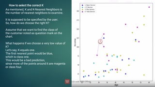 How to select the correct K
As mentioned, K and K-Nearest Neighbors is
the number of nearest neighbors to examine.
It is supposed to be speciﬁed by the user.
So, how do we choose the right K?
Assume that we want to ﬁnd the class of
the customer noted as question mark on the
chart.
What happens if we choose a very low value of
K?
Let's say, K equals one.
The ﬁrst nearest point would be blue,
which is class one.
This would be a bad prediction,
since more of the points around it are magenta
or class four.
 
