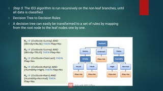 Step 5: The ID3 algorithm is run recursively on the non-leaf branches, until
all data is classiﬁed.
Decision Tree to Decision Rules
A decision tree can easily be transformed to a set of rules by mapping
from the root node to the leaf nodes one by one.
 